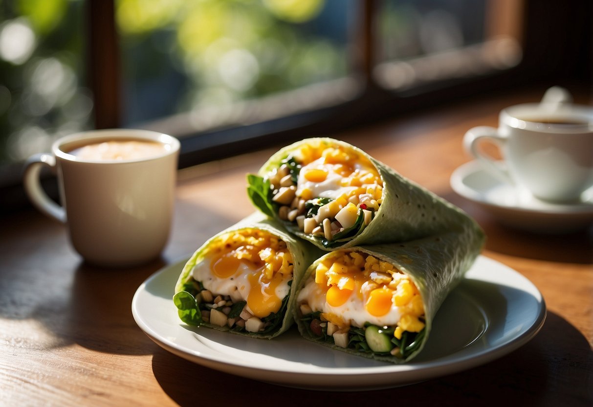 A breakfast burrito filled with eggs and spinach sits on a plate, surrounded by fresh fruits and a cup of coffee. The morning sunlight streams through a window, casting a warm glow on the scene