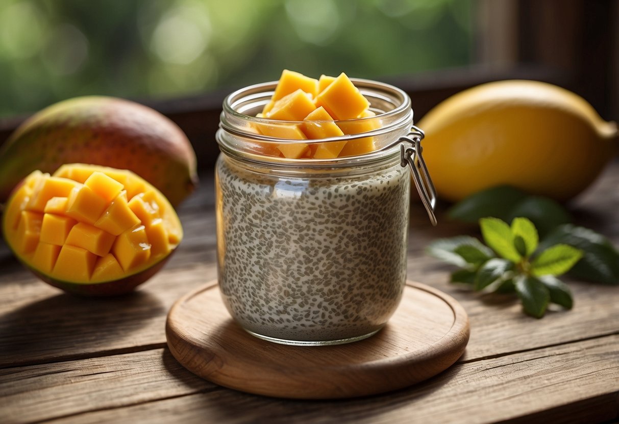 A glass jar filled with creamy chia seed pudding topped with slices of ripe mango, set on a wooden table with a spoon beside it