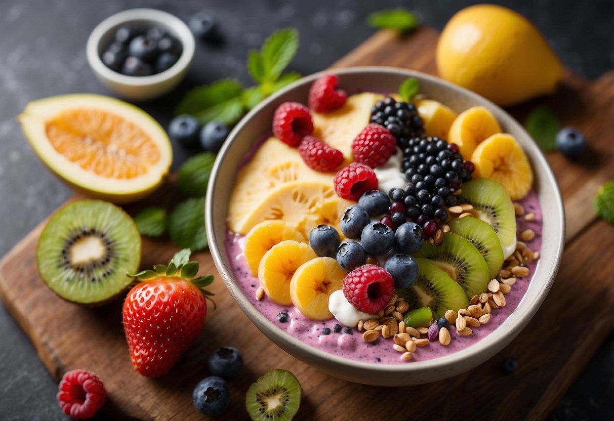 A vibrant smoothie bowl topped with a colorful mix of fresh berries, surrounded by a variety of energizing breakfast ingredients