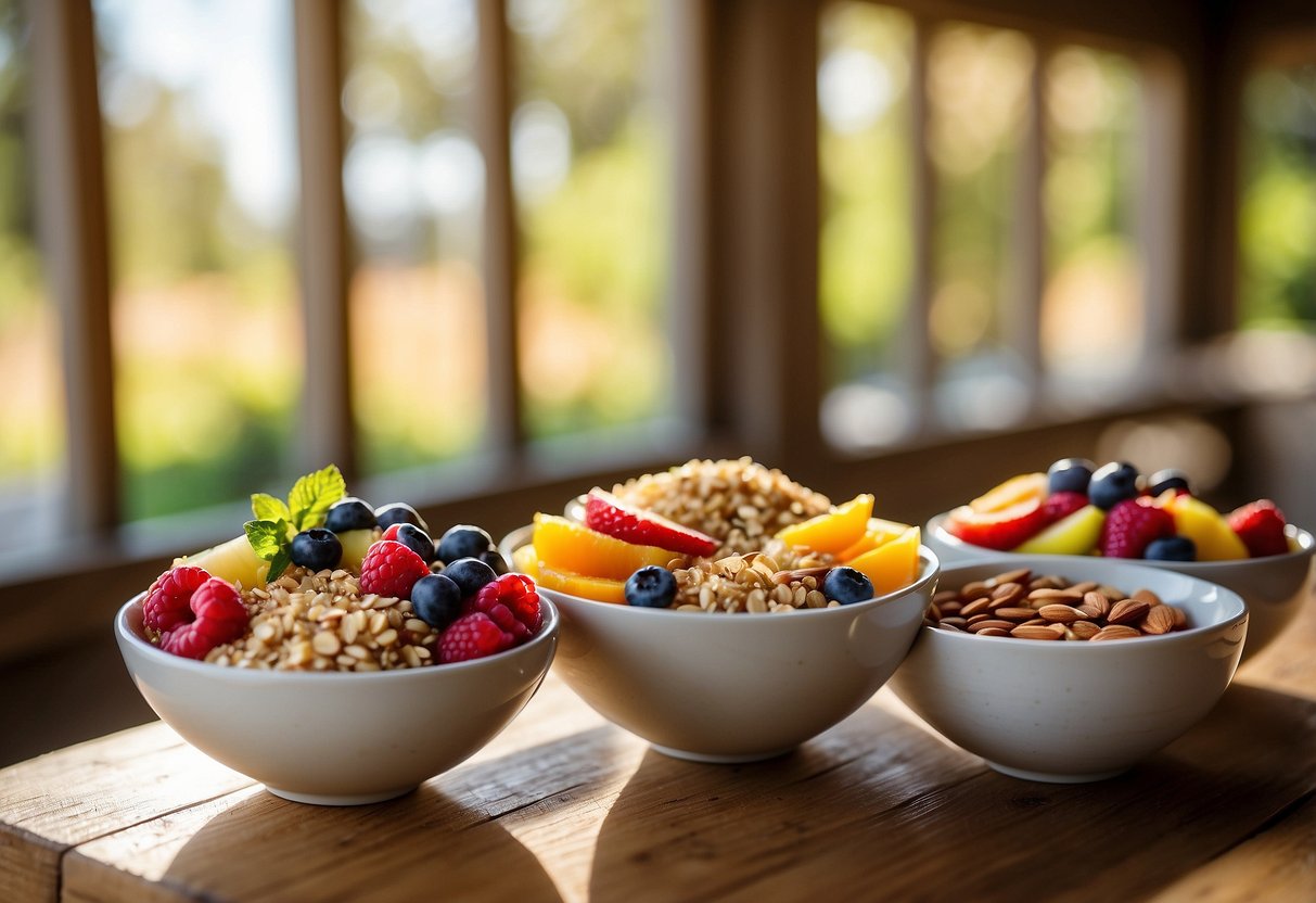 A colorful array of quinoa breakfast bowls topped with sliced almonds and fresh fruit, arranged on a rustic wooden table with a bright morning sunlight streaming in from a nearby window