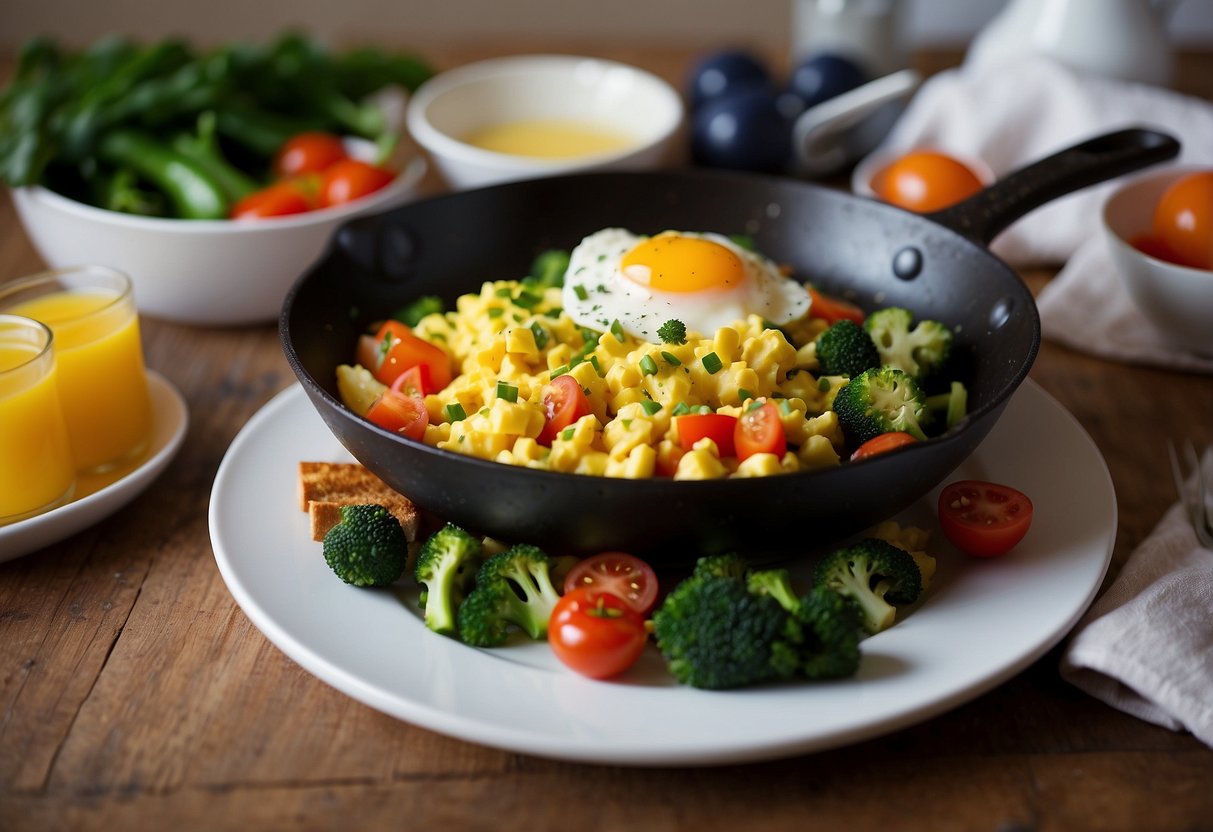 A skillet sizzles with scrambled eggs and colorful sautéed vegetables, steam rising from the vibrant mix. A plate and fork sit nearby, ready to be filled with the energizing breakfast