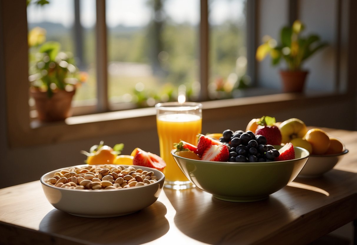 A table set with a colorful array of fruits, whole grain bread, yogurt, and nuts. Sunlight streams through a window, casting a warm glow on the nutritious breakfast spread