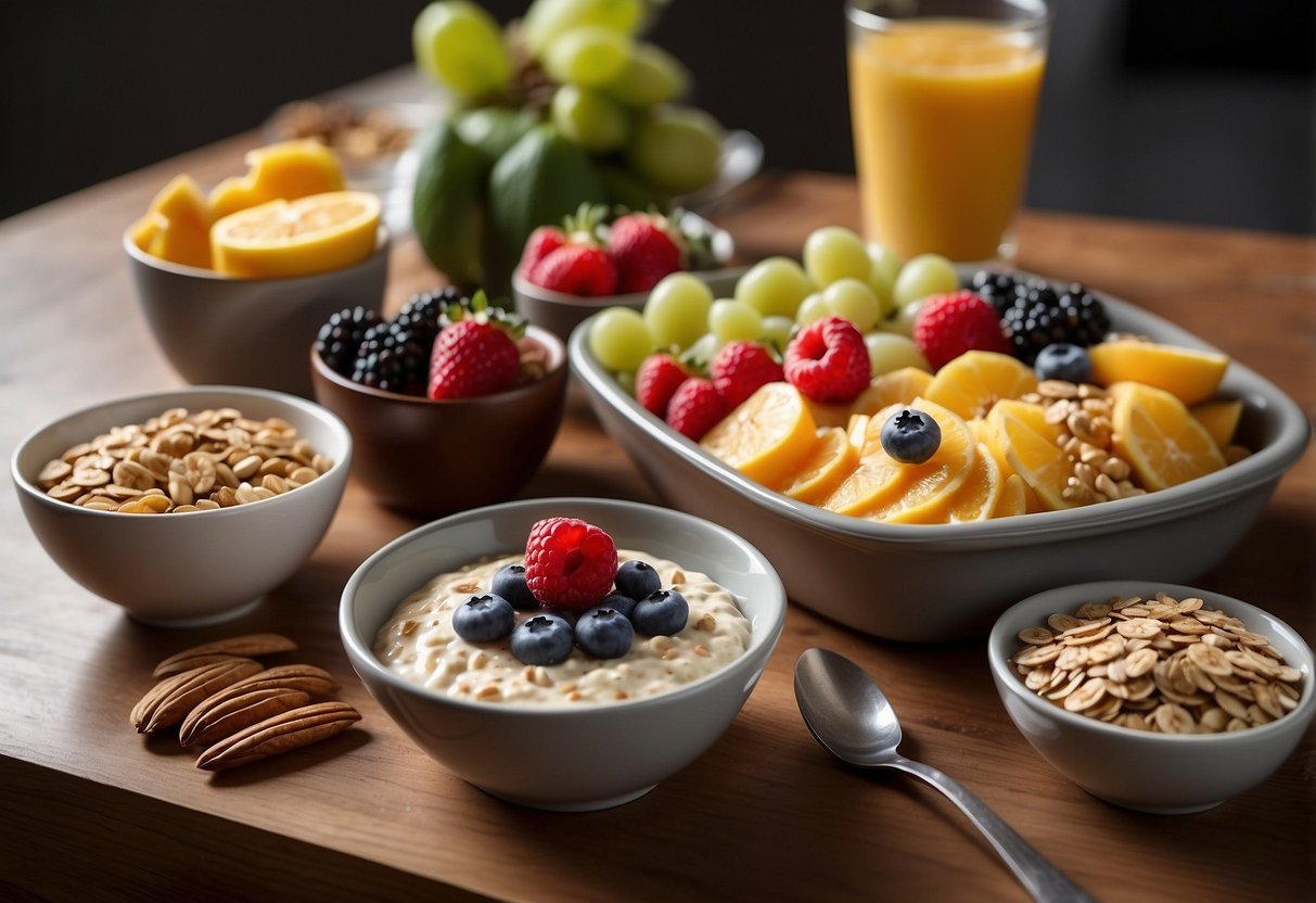 A table set with a variety of healthy breakfast options, including fruits, oatmeal, yogurt, and nuts. A clock on the wall shows the time as 7:00 AM