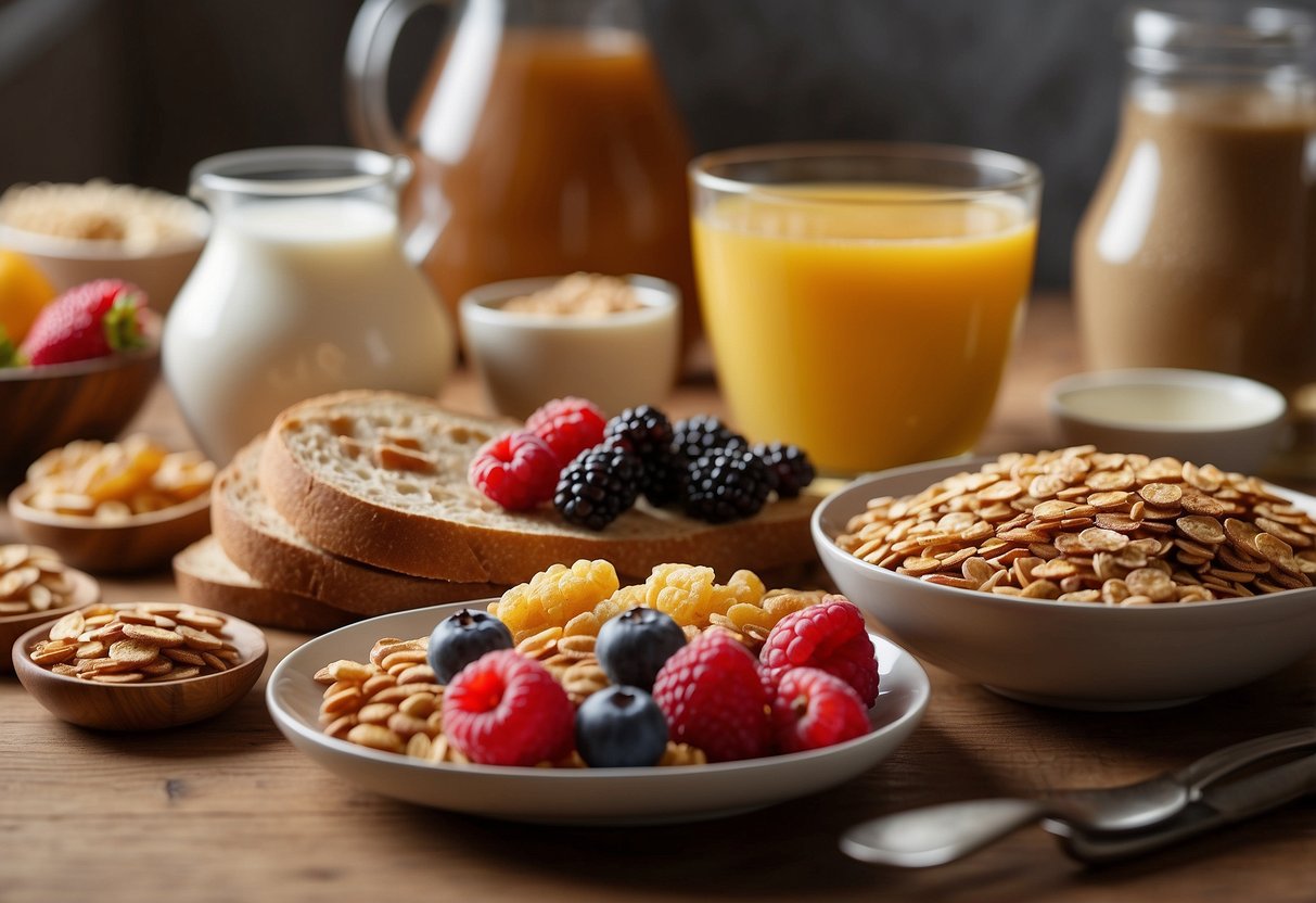 A table with various breakfast items: sugary cereals, pastries, and processed meats. Also, fresh fruits, whole grain bread, and yogurt for energy