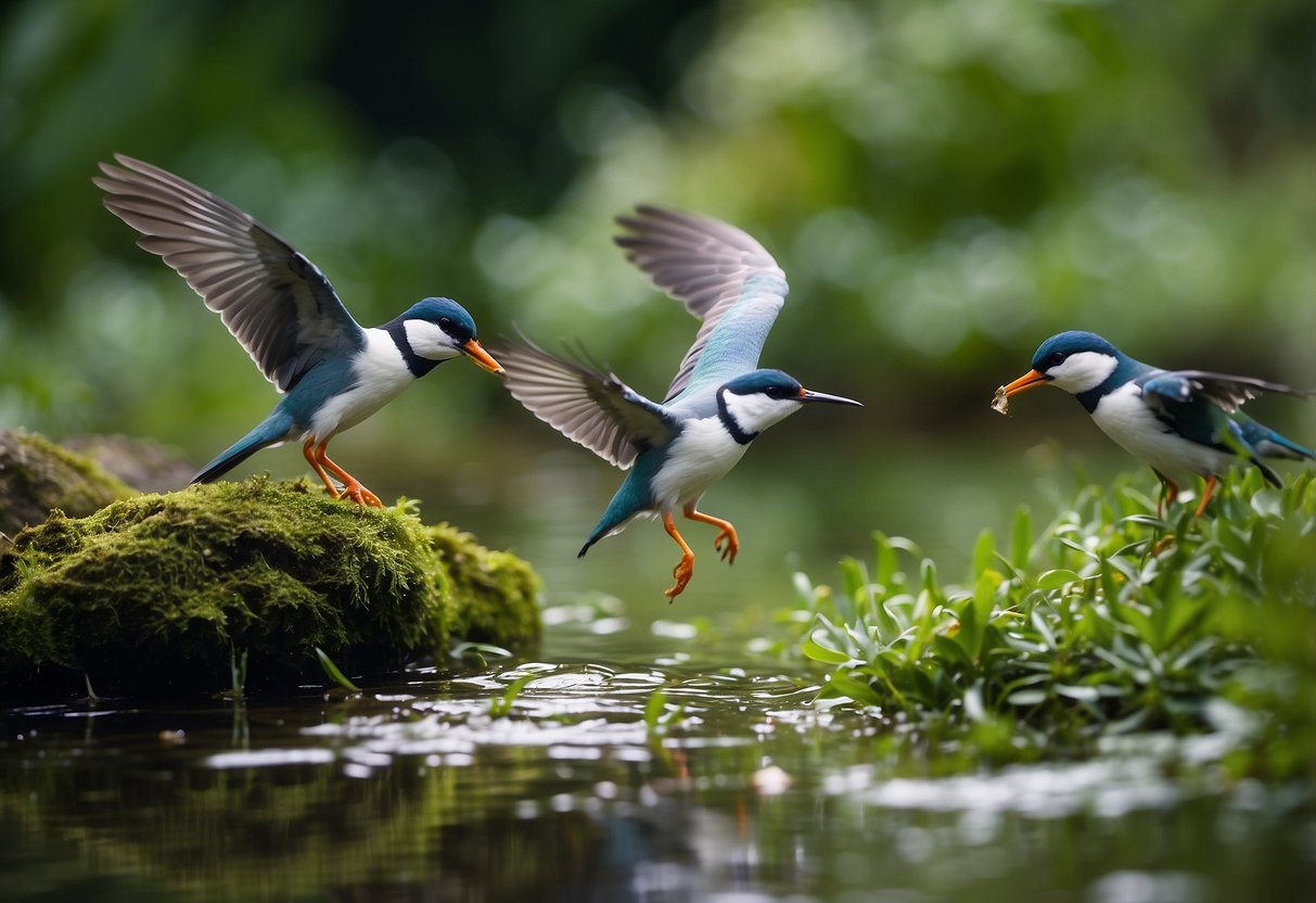 Birds drinking from a shallow pond surrounded by lush green foliage. A small stream trickles nearby, and a variety of colorful birds flit around, sipping from the water and preening their feathers