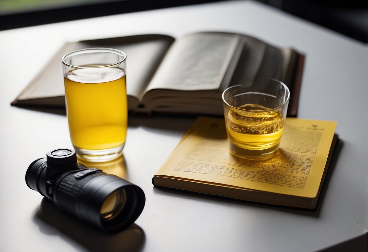 A clear glass filled with yellow liquid sits on a table next to a bird-watching guidebook and binoculars. The color of the liquid indicates hydration level