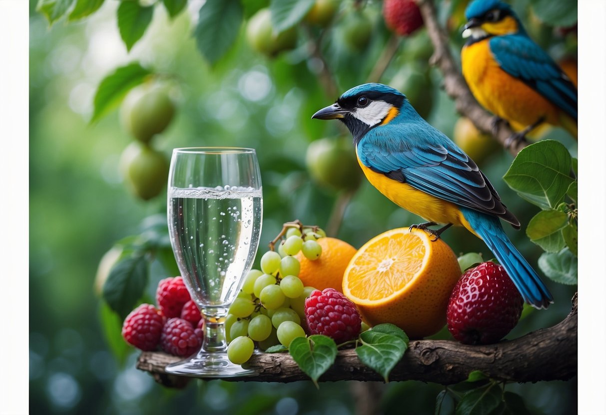 A bird perched on a tree branch, surrounded by a variety of colorful fruits and a clear, refreshing glass of water