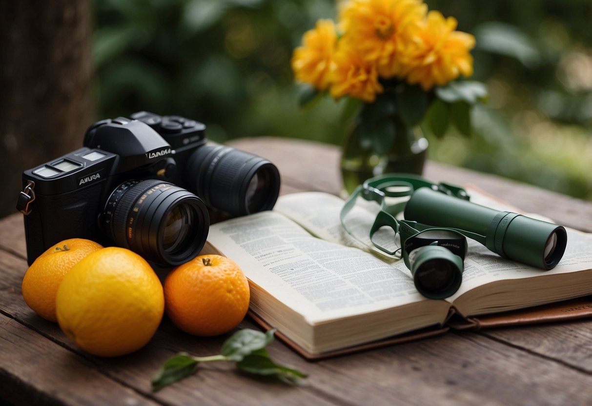 Water-rich fruits displayed on a table, with a bird-watching guidebook nearby. A pair of binoculars and a water bottle sit next to the fruits