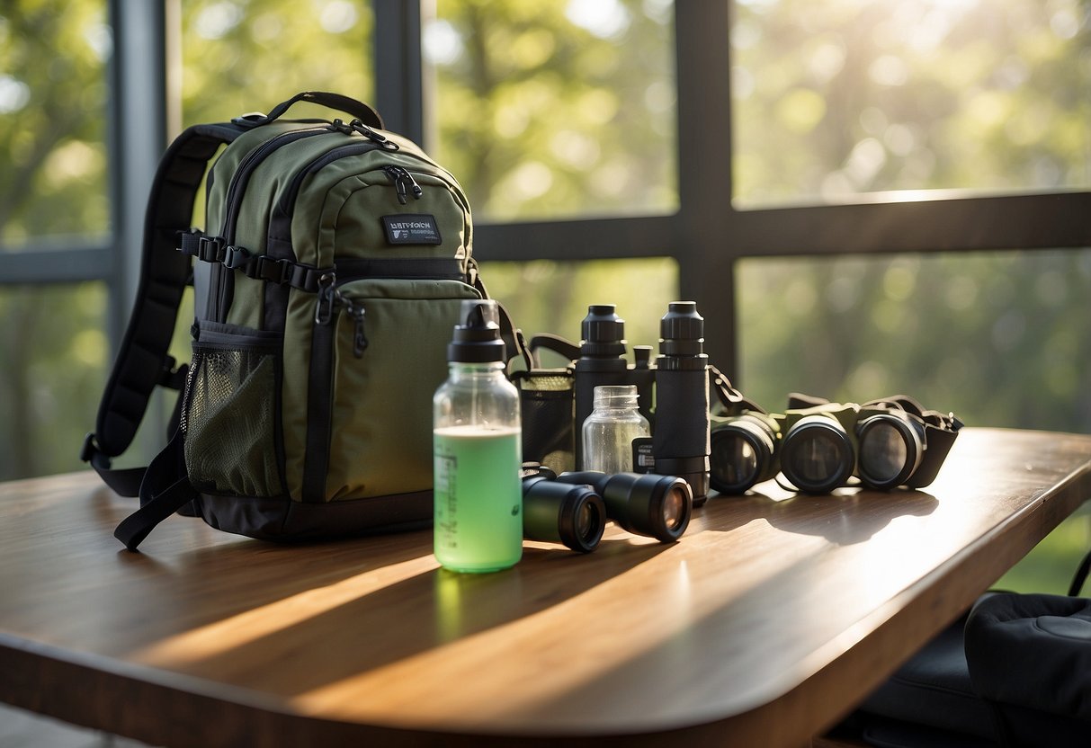 Bird watching scene: Hydration packs sit on a table near binoculars and bird guide. Sunlight streams through the window onto the gear