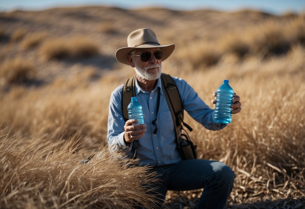 A bird watcher holds a water bottle, surrounded by dry grass and a clear blue sky. Signs of dehydration are depicted through wilted plants and a parched landscape