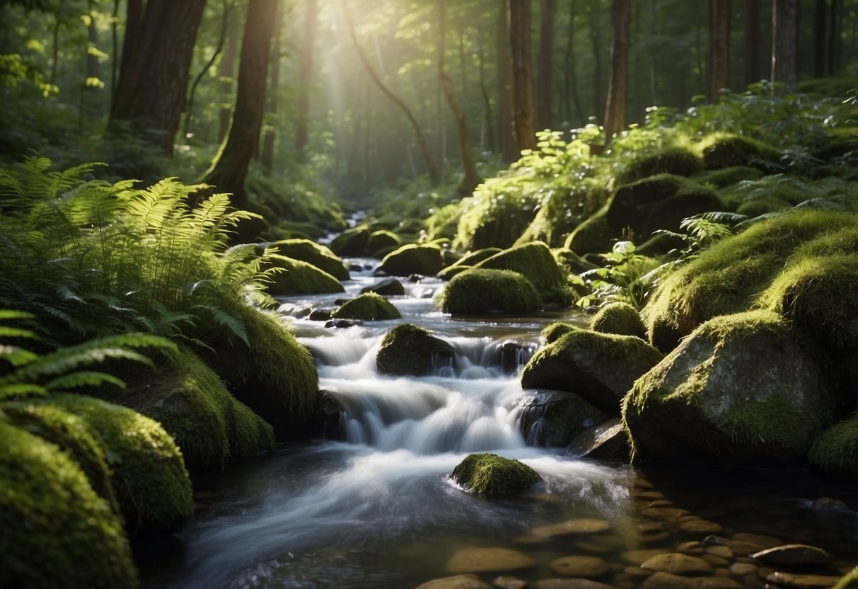 A serene forest with a flowing stream, surrounded by lush greenery and various bird species perched on branches. A water bottle and hydration pack are strategically placed nearby