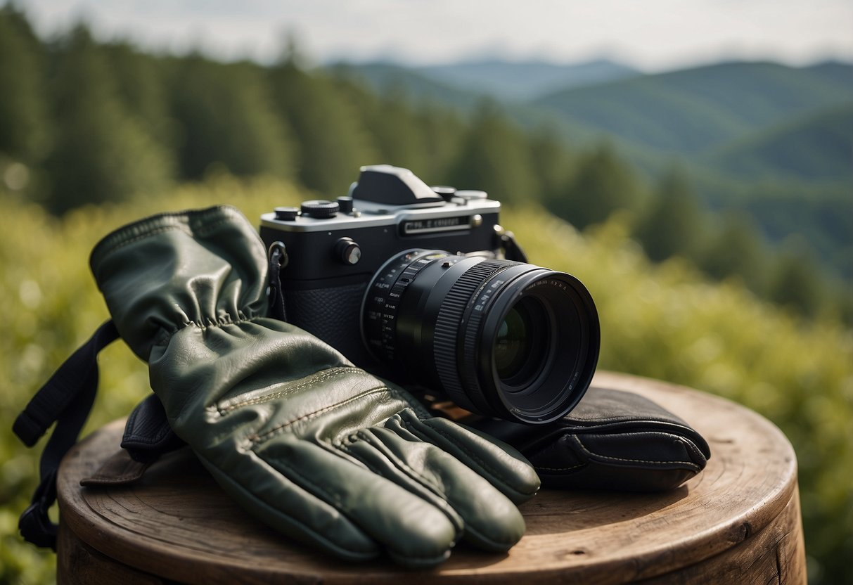 A pair of gloves laid out on a table, surrounded by binoculars, a field guide, and a camera, with a lush forest in the background