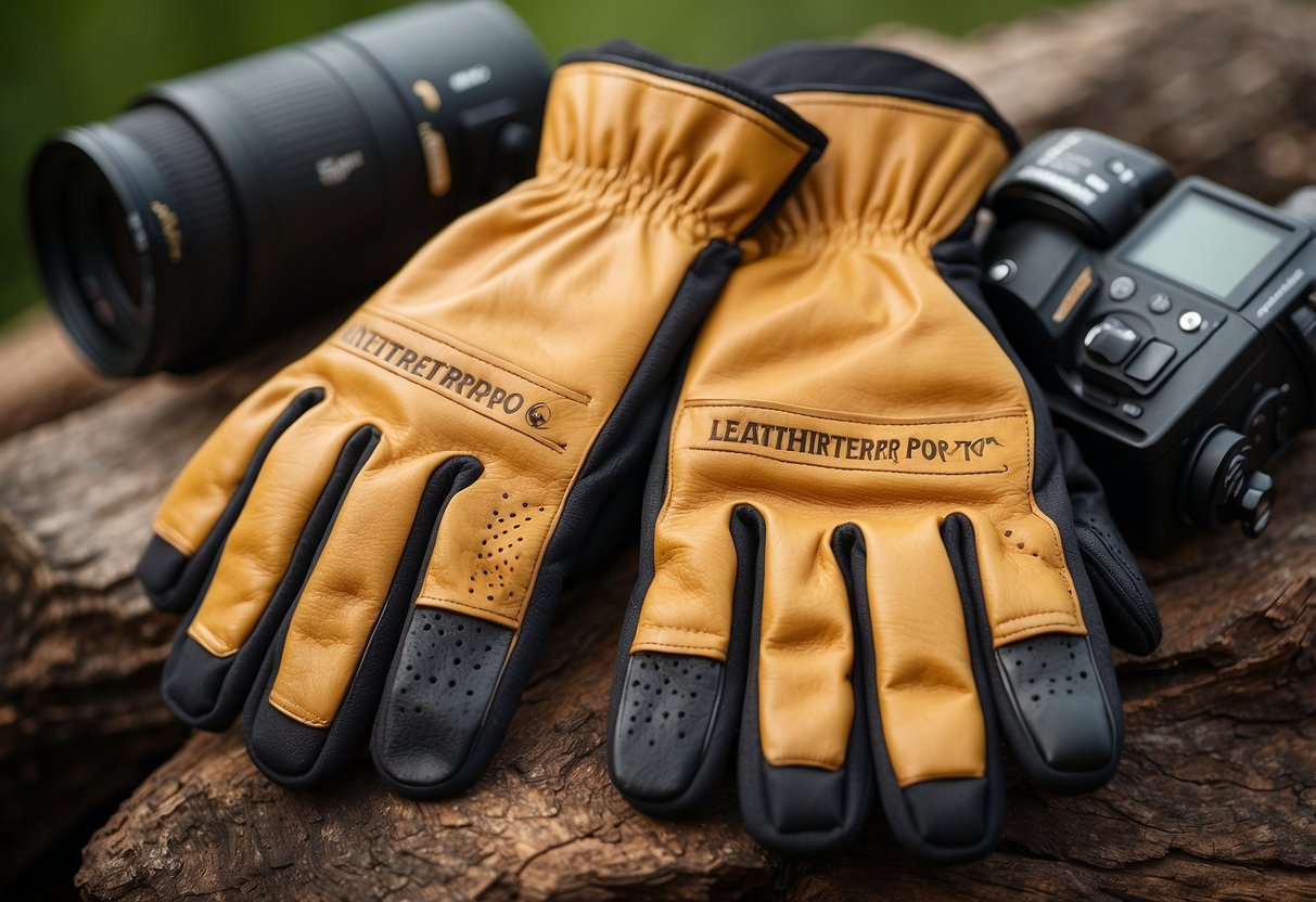 A pair of LeatherPro Bird Watching Gloves displayed with 5-star rating and surrounded by bird-watching equipment