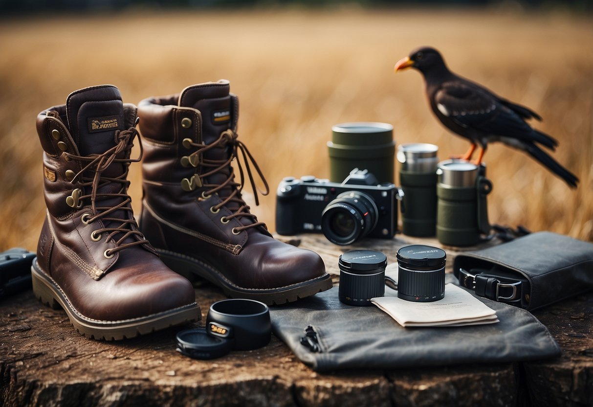 A pair of windproof aviator gloves surrounded by bird watching gear, including binoculars and a field guide, set against a natural backdrop