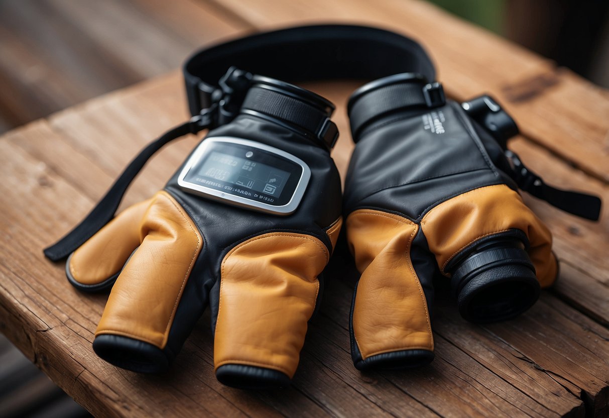 A pair of FeatherGuard Ultra 5 gloves, designed for bird watching protection, lying on a rustic wooden table with a pair of binoculars next to them