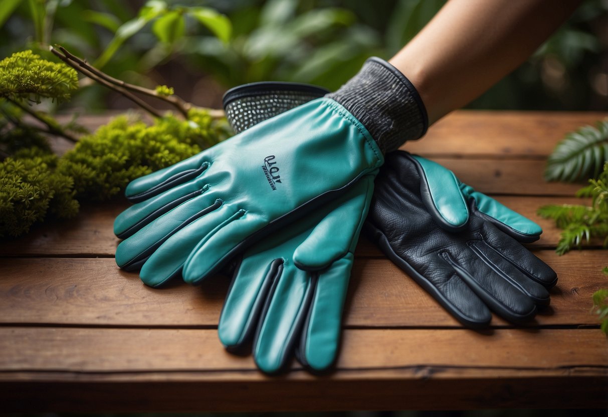 A pair of NatureCove GripMasters gloves, designed for bird watching, lay on a wooden table surrounded by lush greenery and colorful bird feathers