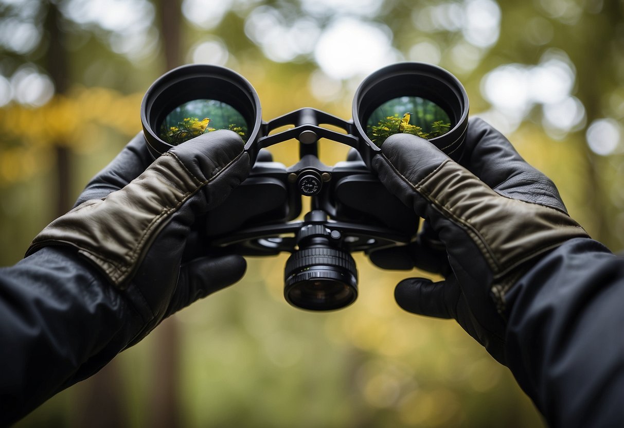 A hand wearing HawkEye FlexFit 5 gloves holds binoculars, surrounded by trees and birds in a natural setting