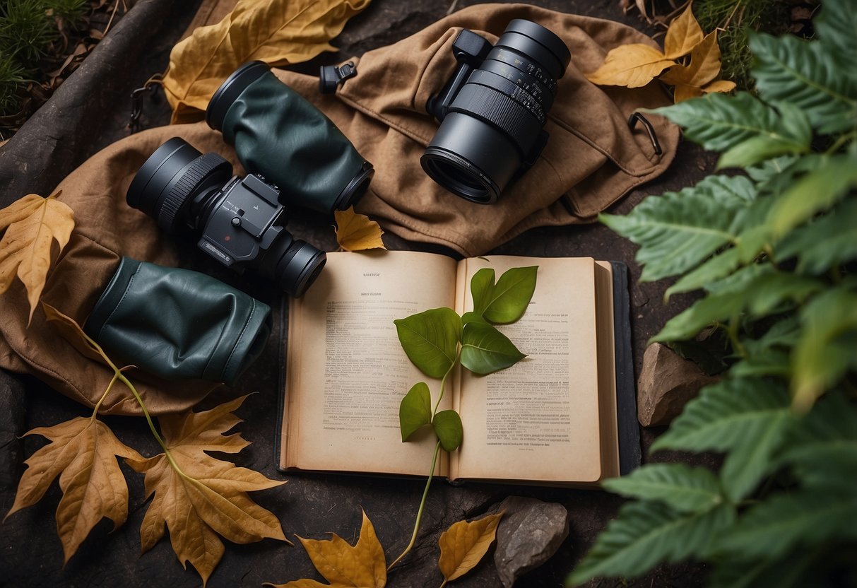 A pair of durable gloves laid out next to binoculars and a field guide, surrounded by leaves and twigs