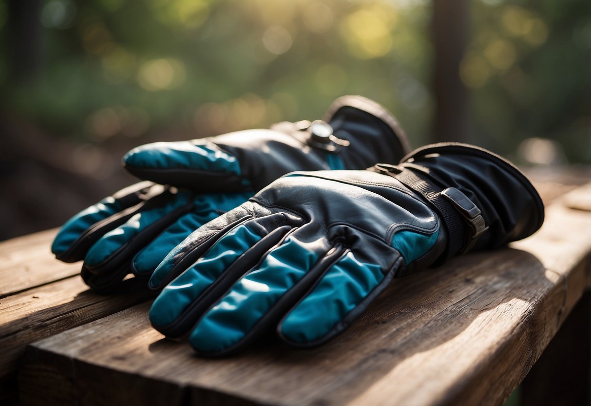 A pair of sturdy gloves lay on a wooden table, surrounded by birdwatching gear and nature books. The gloves are made of durable material and feature reinforced fingertips for protection