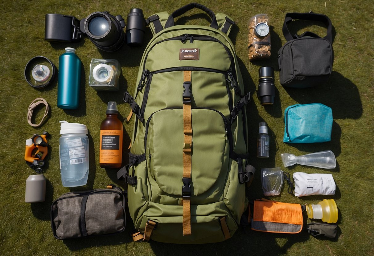 A birdwatcher's backpack open, displaying binoculars, field guide, water bottle, compass, whistle, flashlight, first aid kit, sunscreen, insect repellent, and snacks