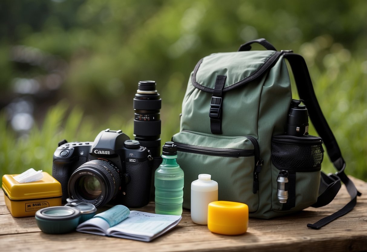 A birdwatcher's backpack open, revealing adhesive bandages among essential first aid items. Binoculars, field guide, and water bottle nearby