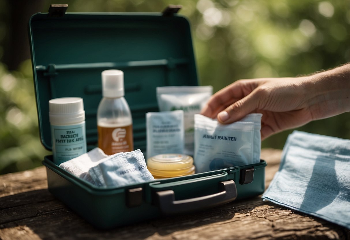 A hand reaches into a first aid kit, pulling out antiseptic wipes. Nearby are binoculars, a bird guide, and a map of a nature reserve