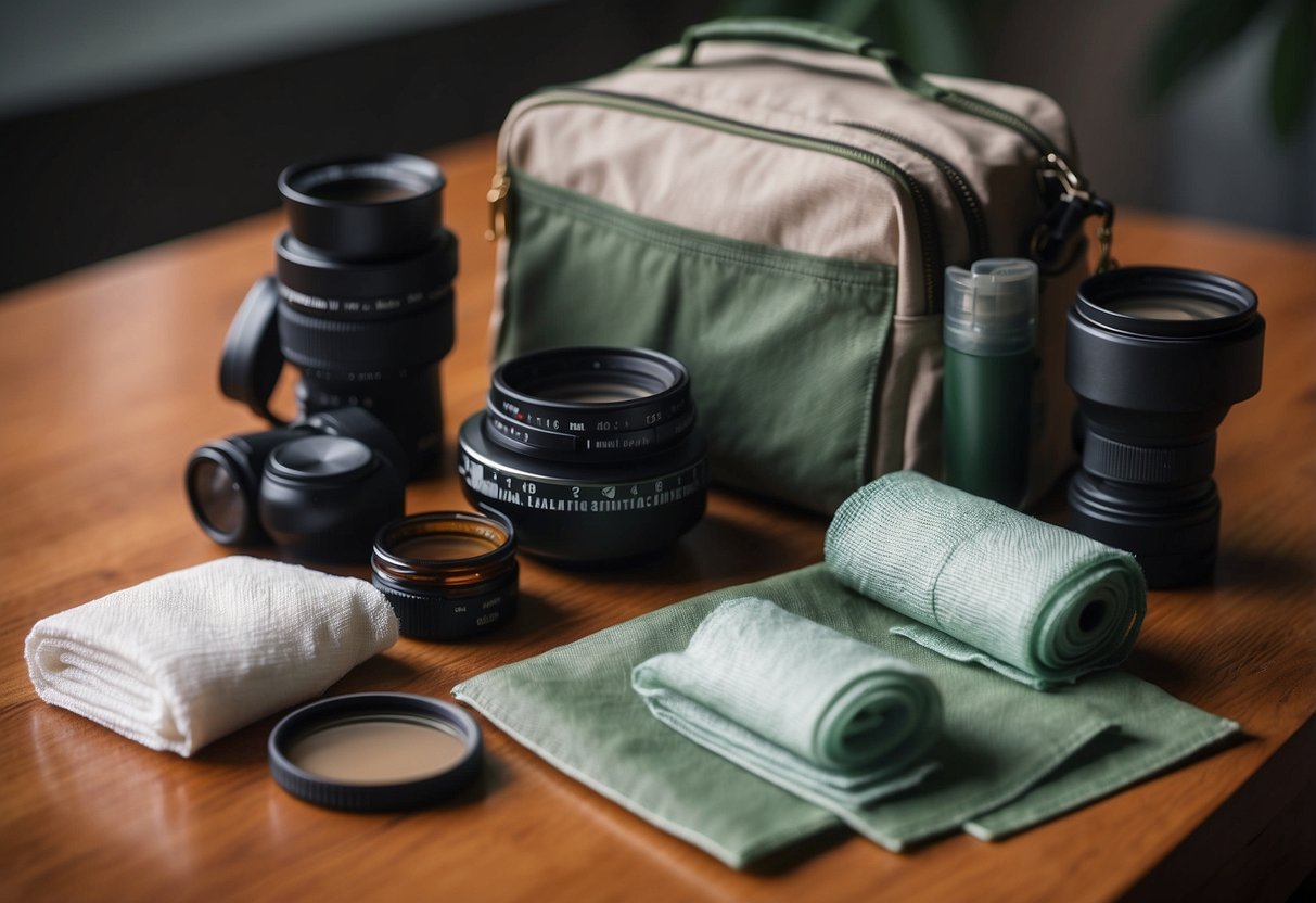 A table with sterile gauze pads, tweezers, and bandages. A first aid kit sits next to a pair of binoculars and a bird guidebook