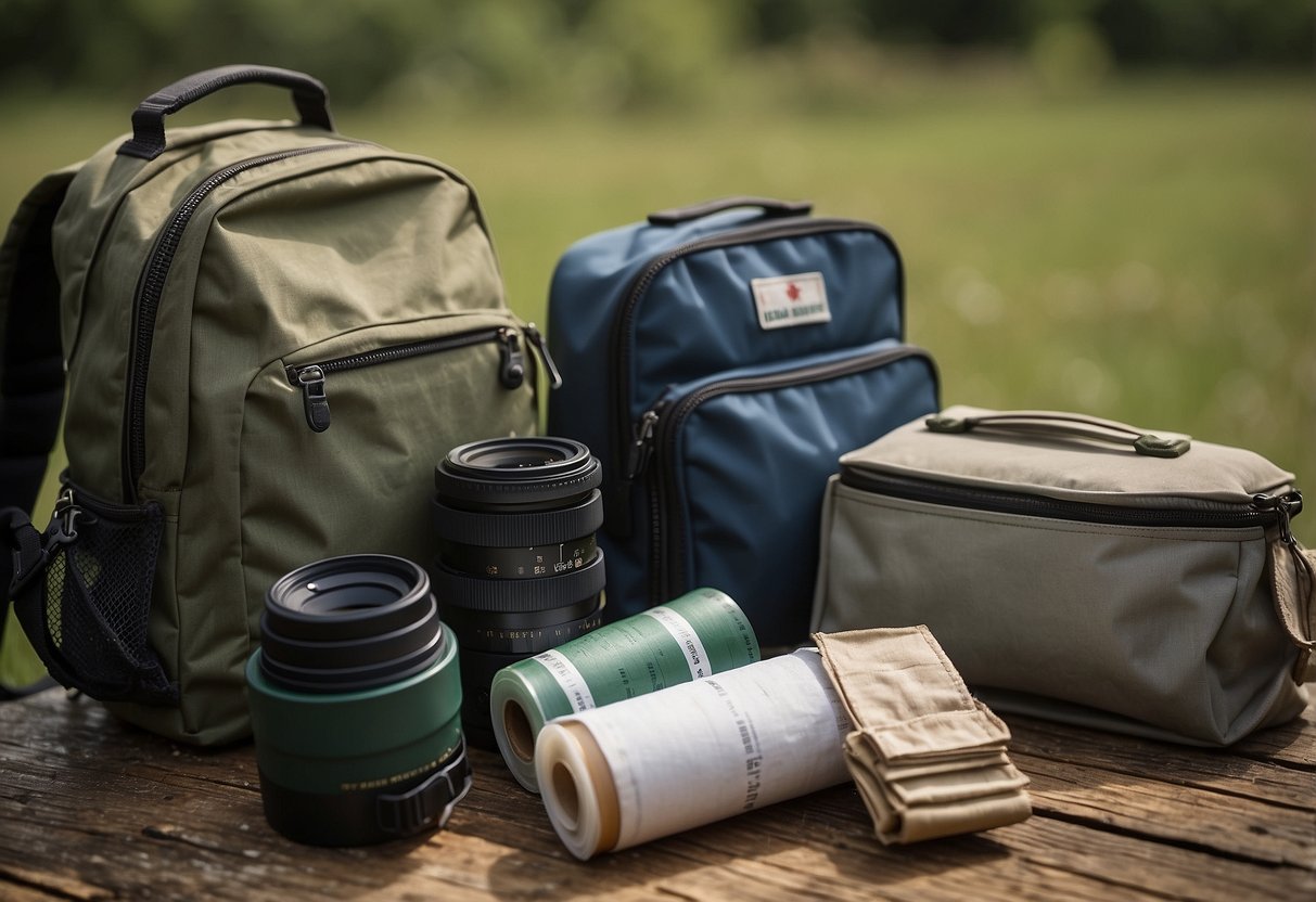 A roll of medical tape sits next to a pair of binoculars, a field guide, and a first aid kit in a birdwatcher's backpack