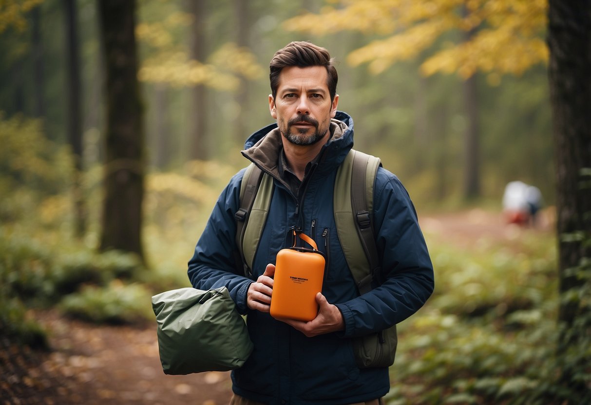 A birdwatcher holds an emergency blanket, surrounded by binoculars, a first aid kit, and other essential items. The scene is set in a natural outdoor environment, with trees and birds in the background