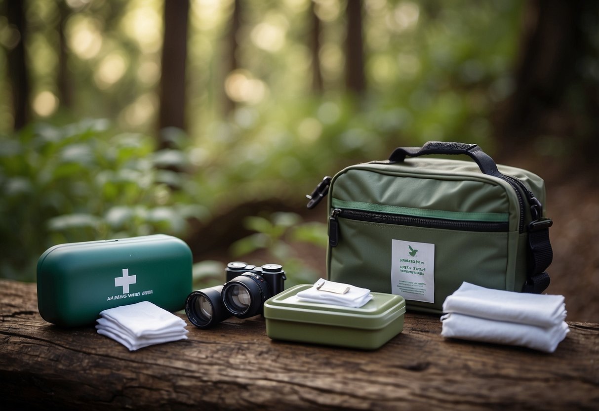 A pack of cleansing wipes next to a first aid kit, binoculars, and bird guidebook on a nature trail