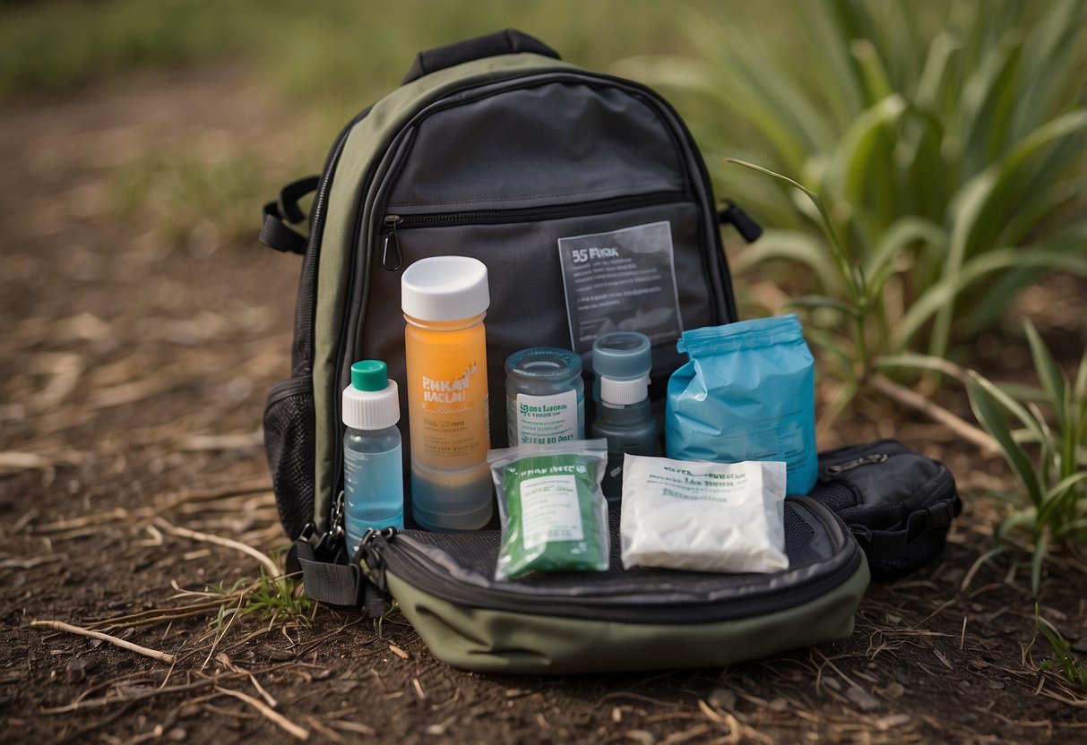 A birdwatcher's backpack open on the ground, displaying essential first aid items including blister cushions, bandages, and antiseptic wipes