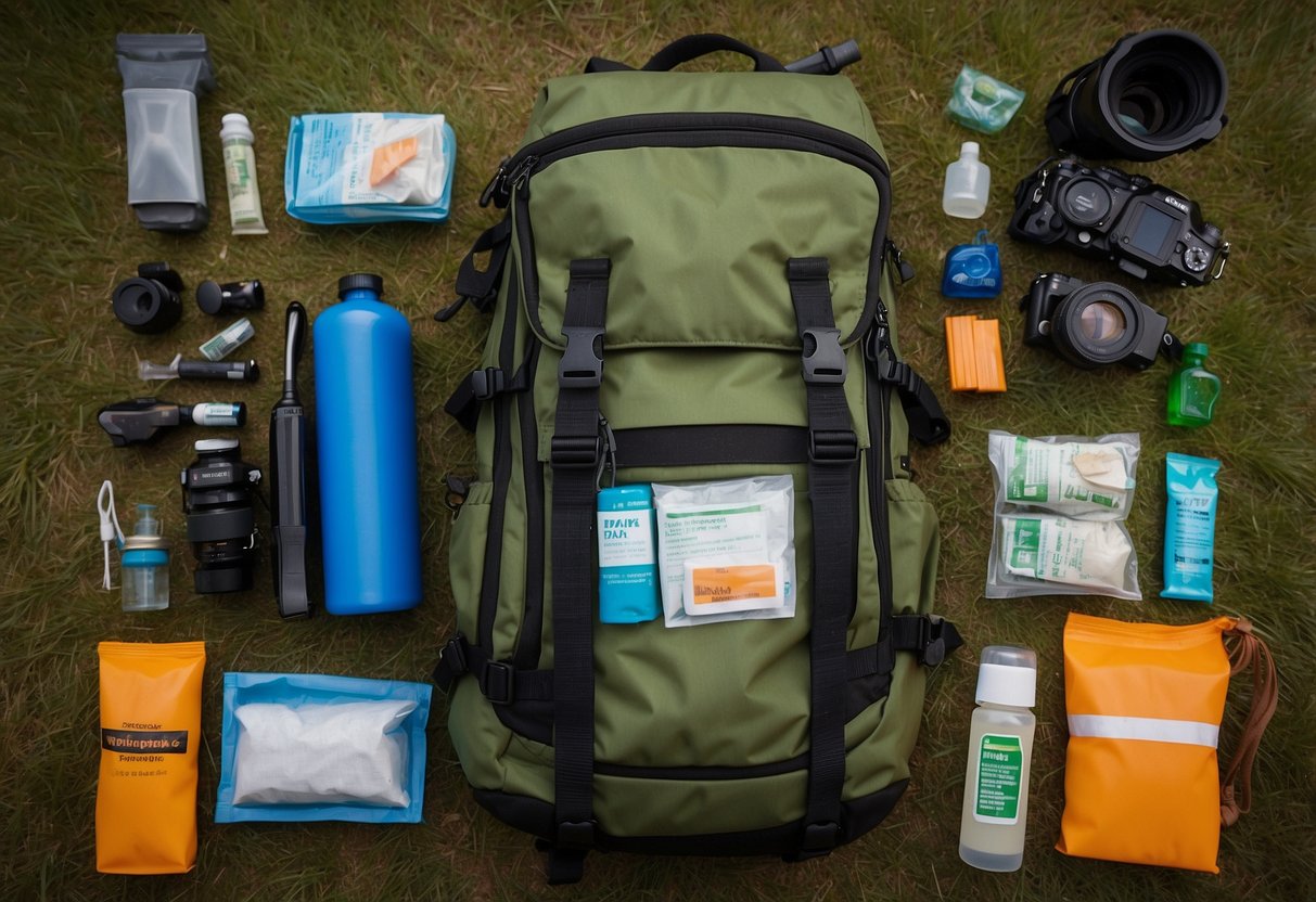 A bird watcher's backpack open on the ground, displaying essential first aid items such as bandages, antiseptic wipes, tweezers, and a whistle