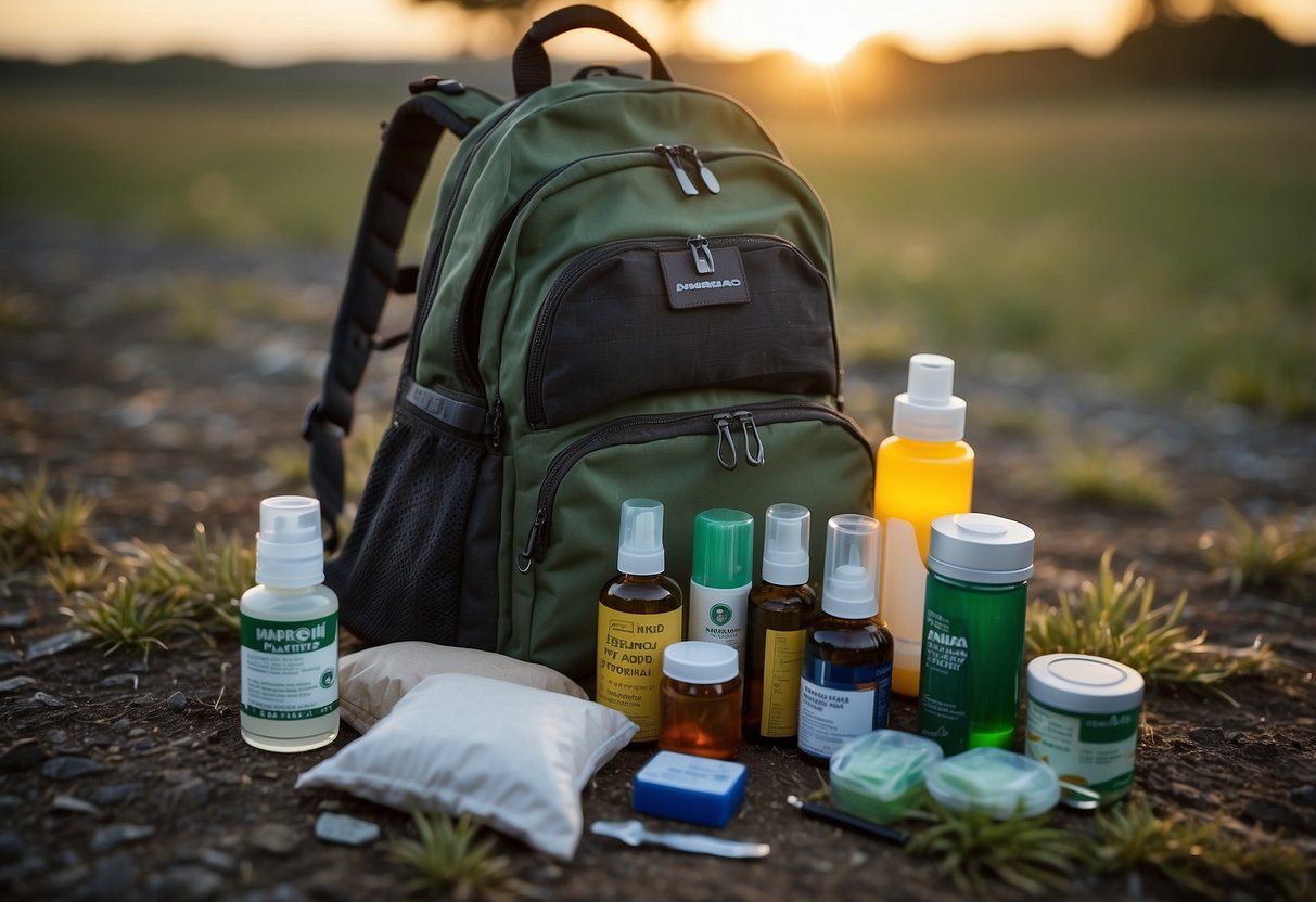 A birdwatcher's backpack open on the ground, displaying essential first aid items such as bandages, antiseptic wipes, tweezers, and a small flashlight