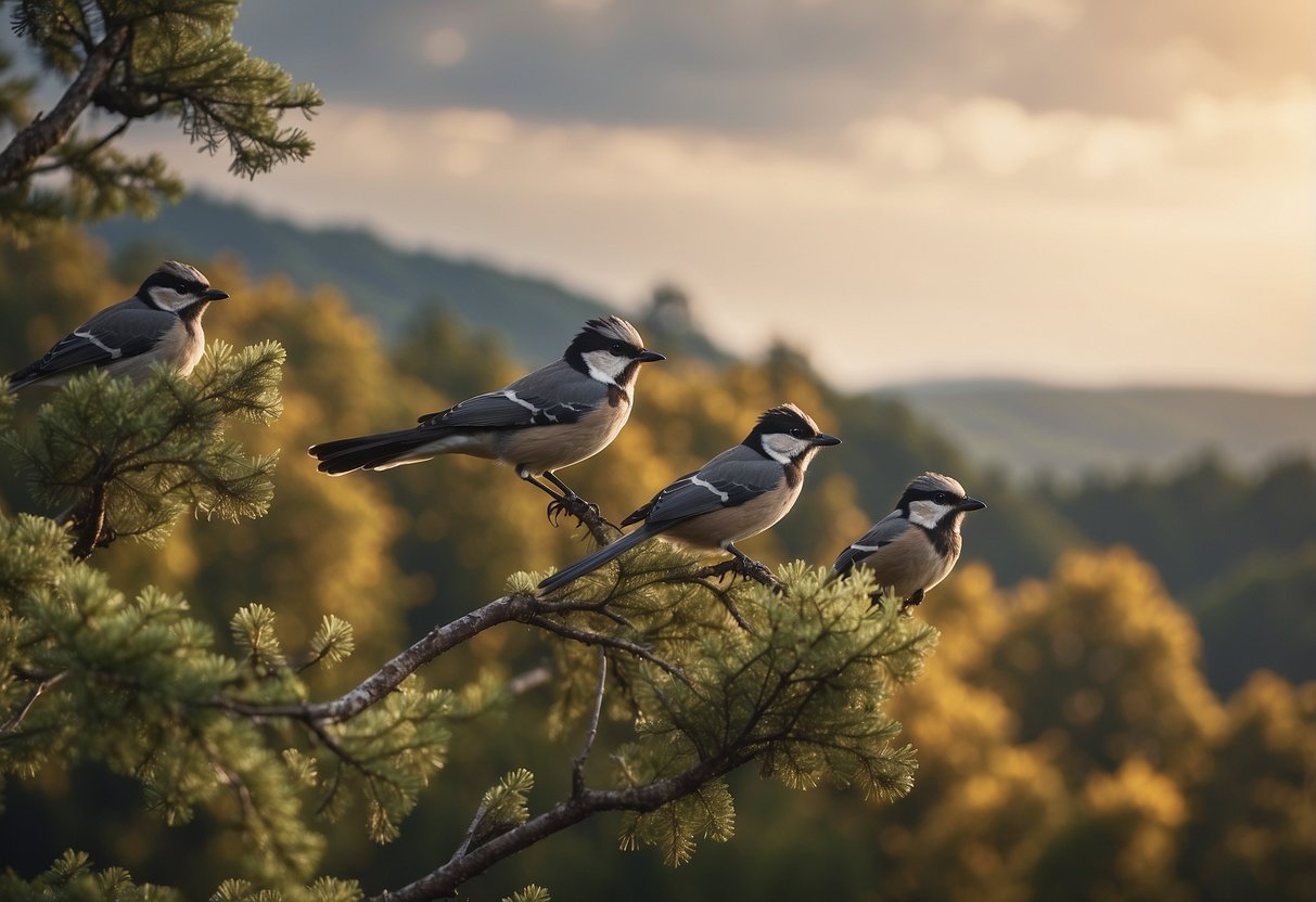 Birds perched on branches, flying in the sky, and foraging on the ground. Field guide and binoculars in hand. Natural surroundings with trees, bushes, and open space