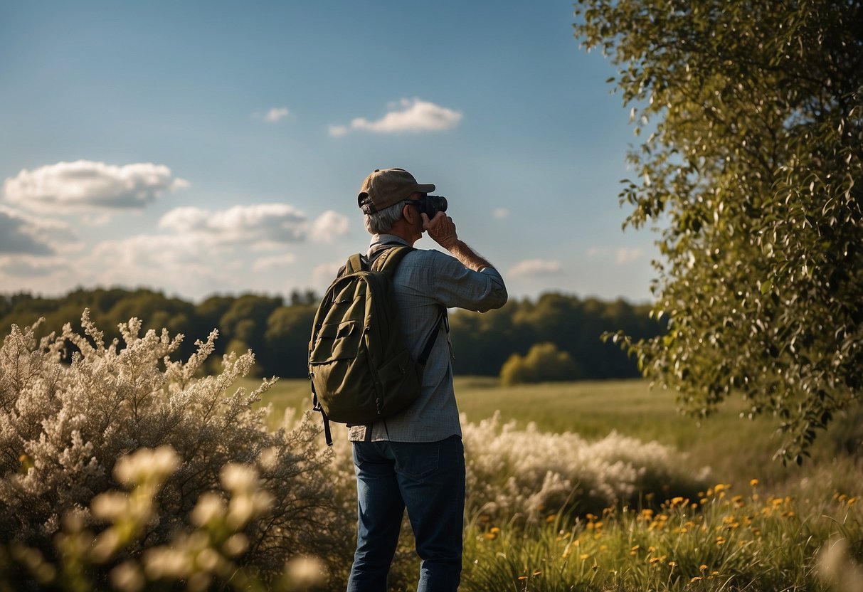 A birdwatcher stands in a field, surrounded by trees and bushes. The sky is clear, and the sun is shining. Different types of birds are flying around, and the watcher is using binoculars to identify them