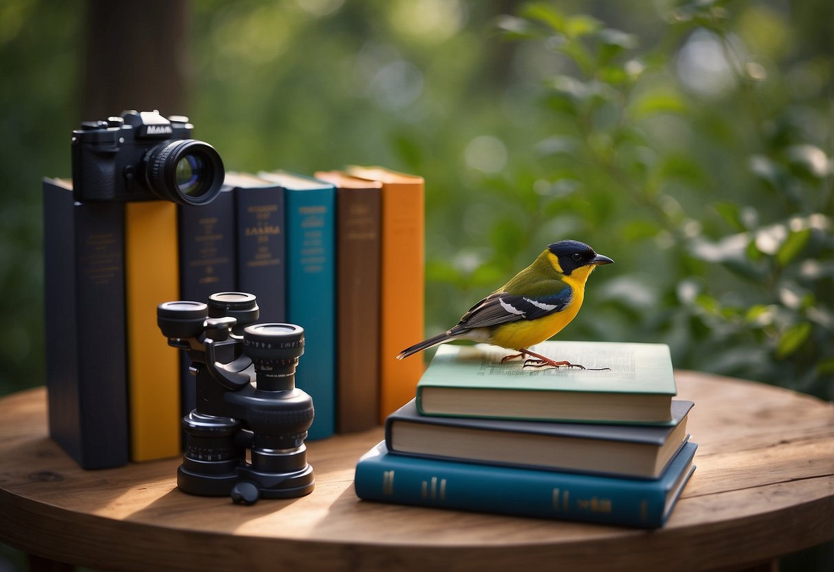 Bird watching books displayed on a table with colorful covers. Binoculars and a notebook nearby. A bird feeder and nature guide in the background