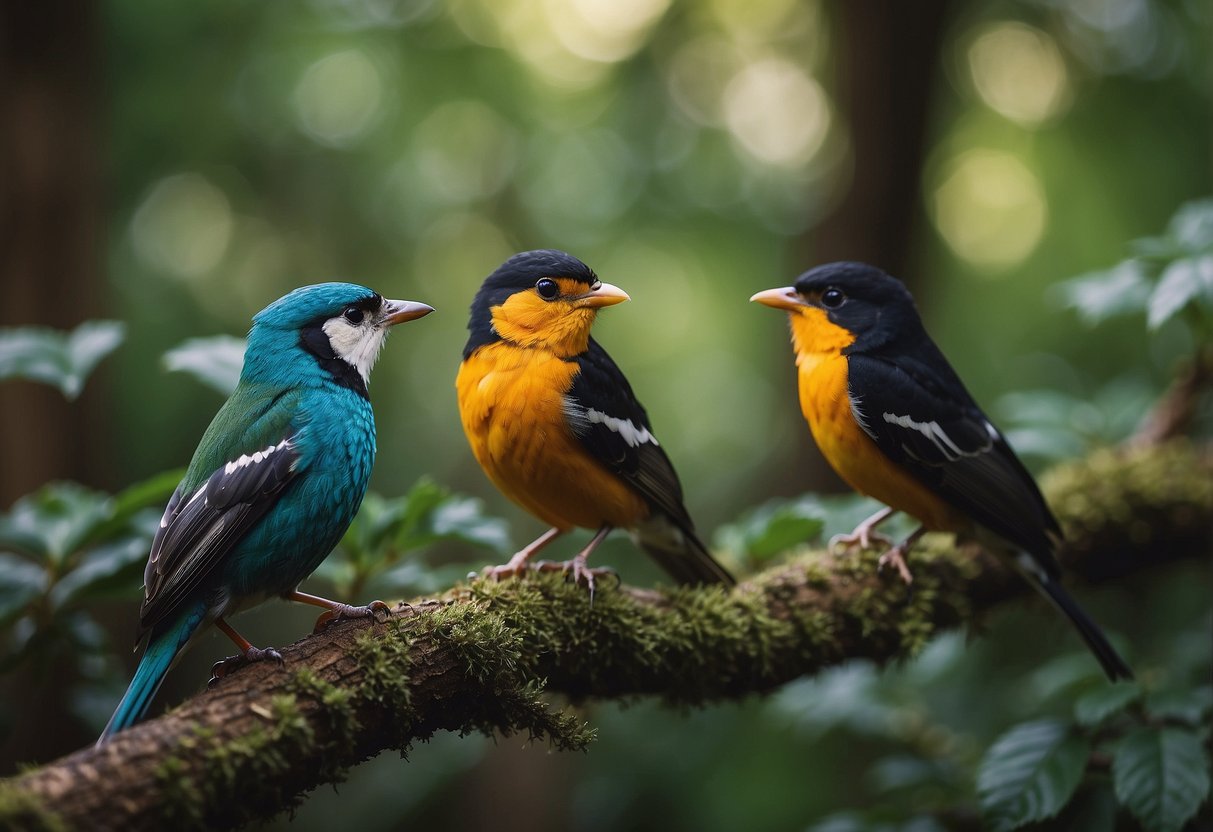 A variety of colorful birds perch on branches, flit through the air, and forage for food in a lush North American forest