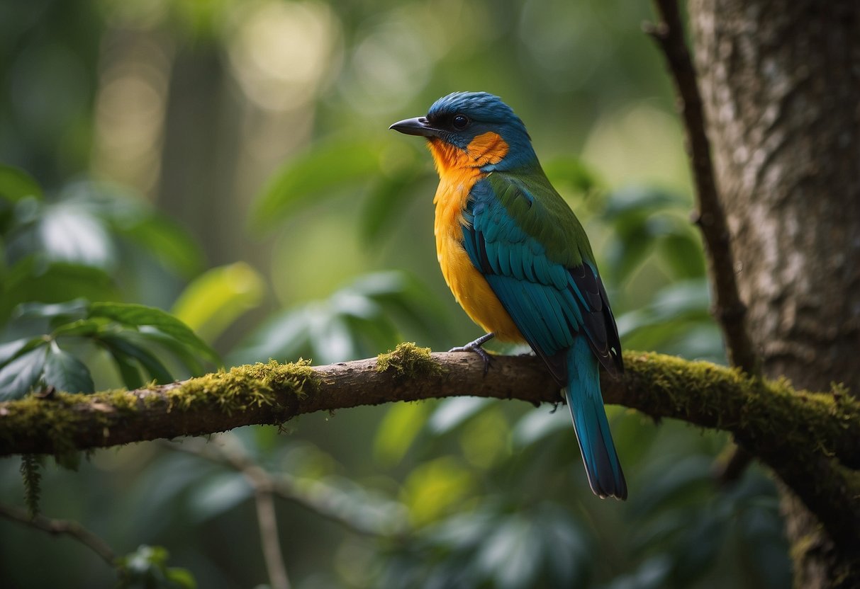 A colorful bird perched on a branch, surrounded by a variety of other bird species in a lush North American forest setting