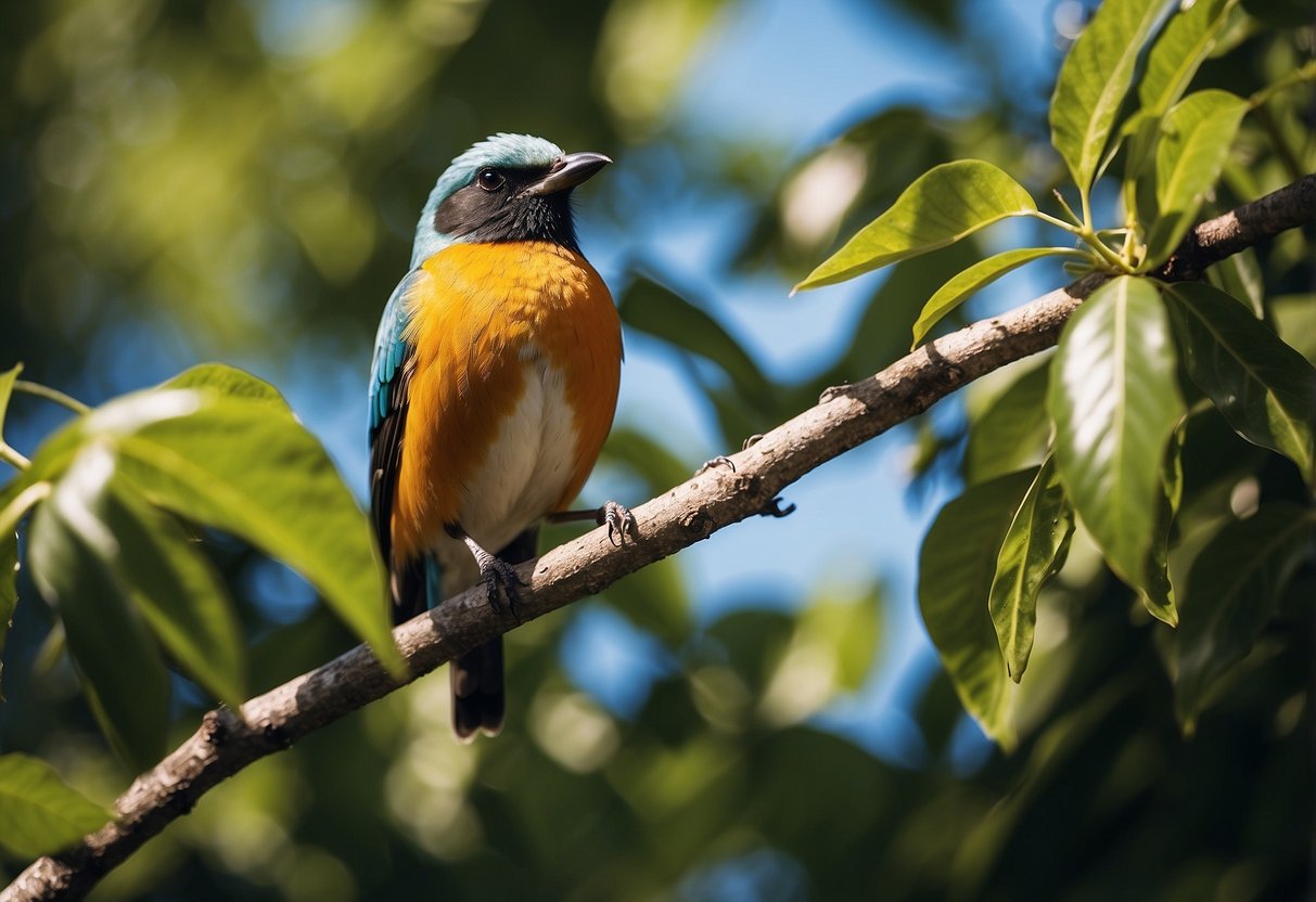 A colorful bird perched on a branch, surrounded by lush foliage and a clear blue sky