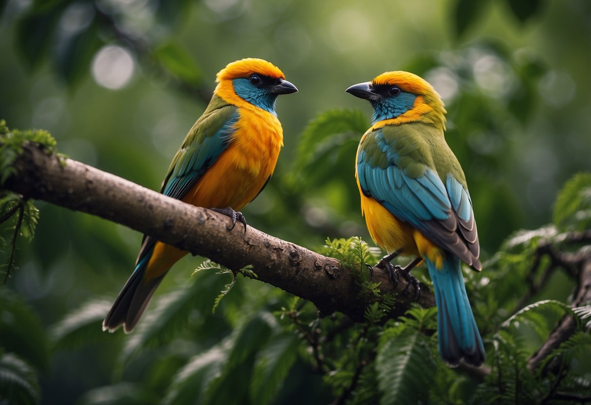 A colorful bird perches on a tree branch, surrounded by lush foliage. A pair of binoculars and a field guide lay nearby