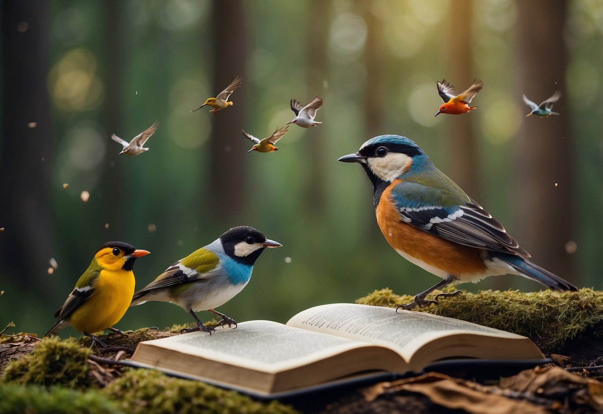 A peaceful forest clearing with a variety of colorful birds perched on branches and flying through the air. A beginner bird watcher holds a book, eagerly identifying the different species