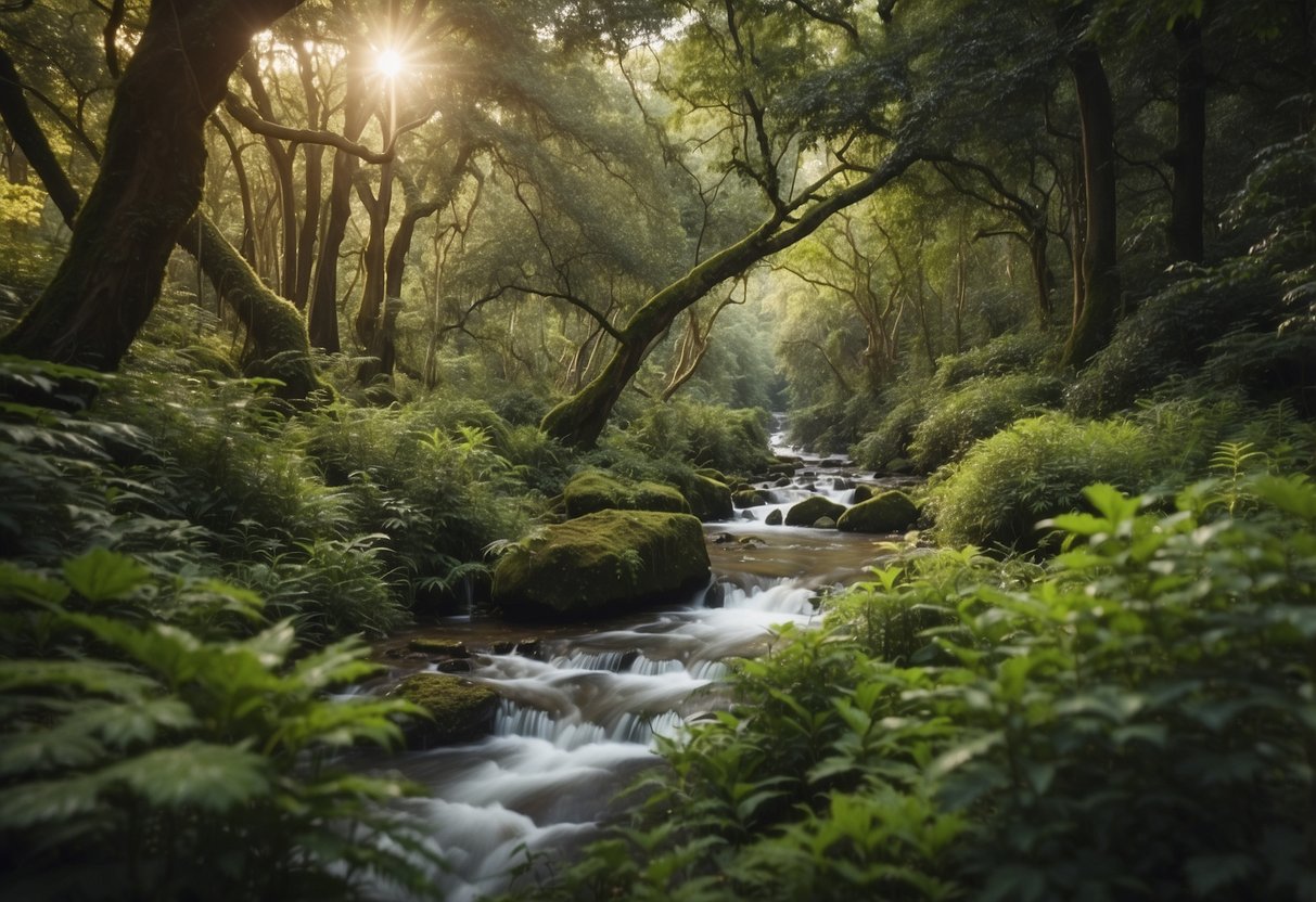 A lush forest with diverse trees, a flowing stream, and various bird species perched on branches and flying overhead