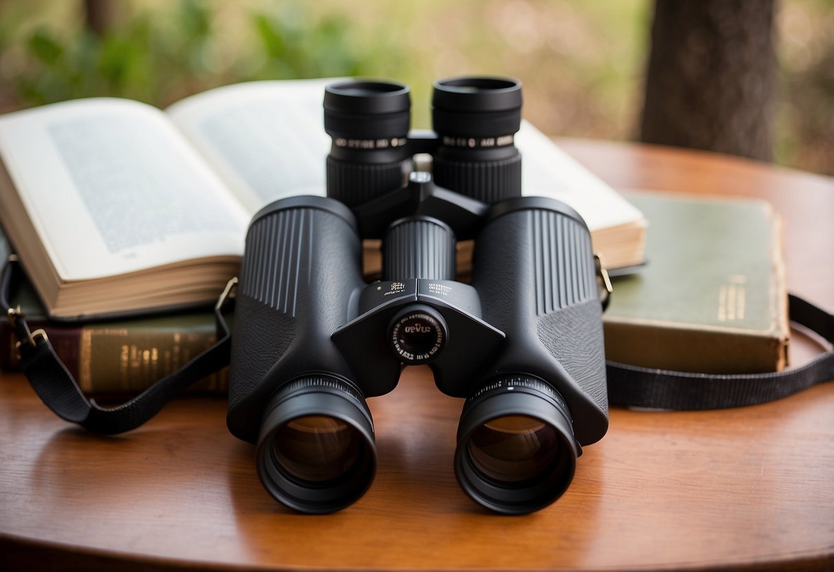 A pair of binoculars, a field guide, a notebook, and a camera lay on a wooden table next to a stack of bird watching books