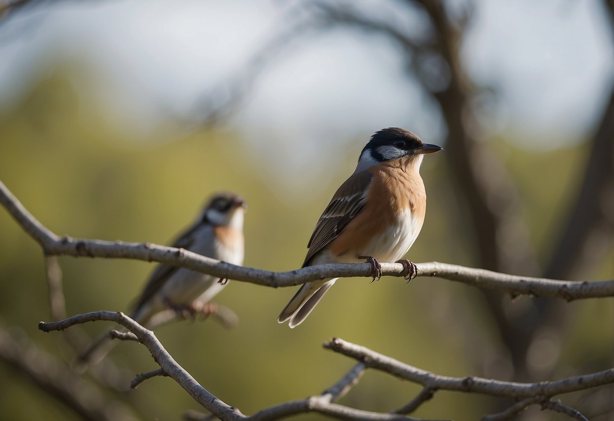 Birds flying in various formations, perched on branches, and searching for food in a diverse natural setting