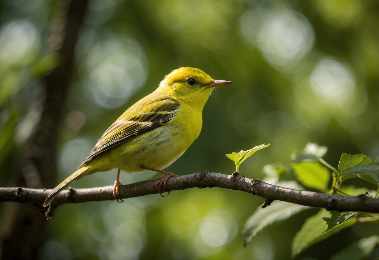 A rare wood warbler perched on a tree branch, surrounded by lush green foliage. Its vibrant yellow and green feathers stand out against the natural backdrop