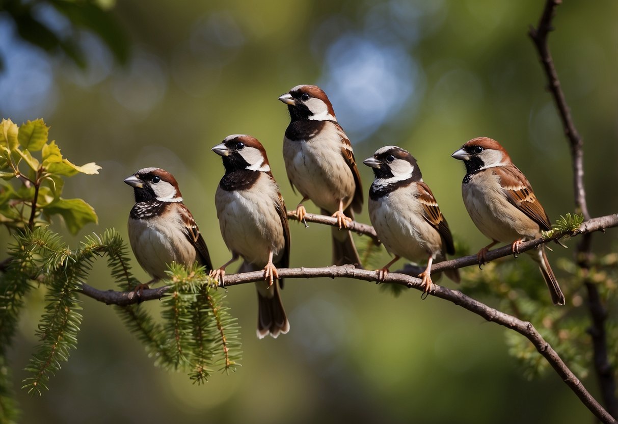 Sparrows display diverse plumage colors and patterns. A group of sparrows perch on tree branches, showcasing their vibrant feathers