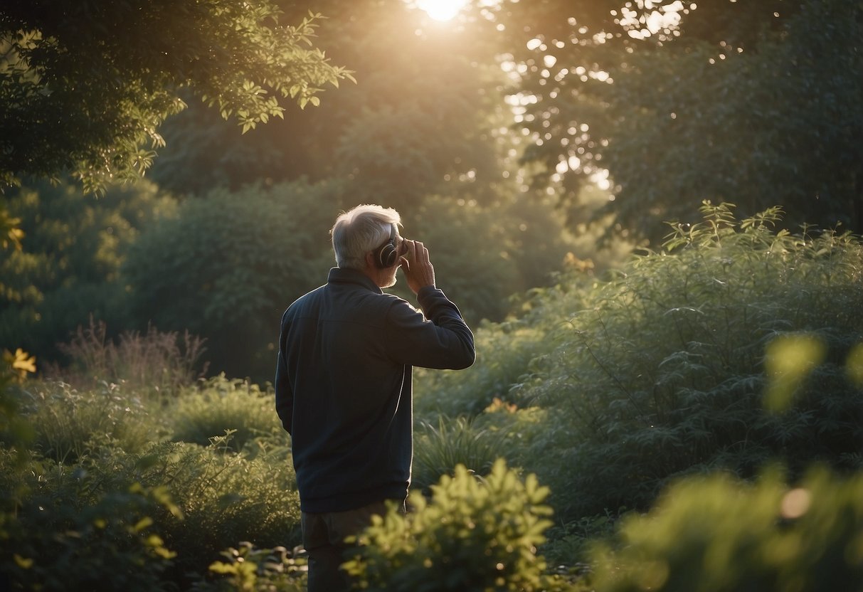 Birdwatcher listens to bird calls blindfolded, notebook in hand. Trees and bushes surround, with various bird species perched and flying around