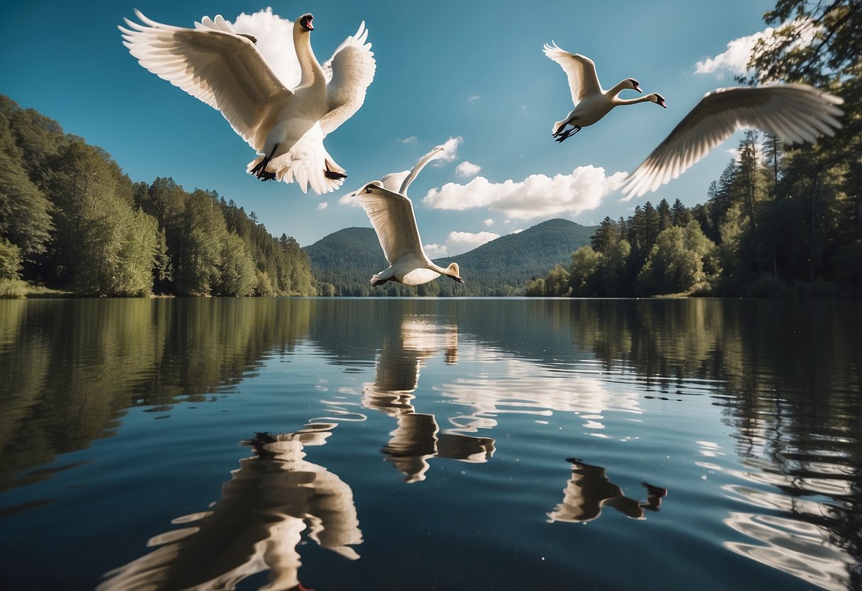 Swans flying in V-formation over a serene lake, with lush greenery and clear blue skies in the background