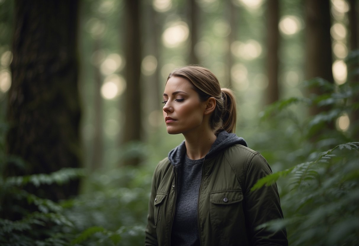 A person cupping their ears, eyes closed, listening for bird calls in a forest clearing