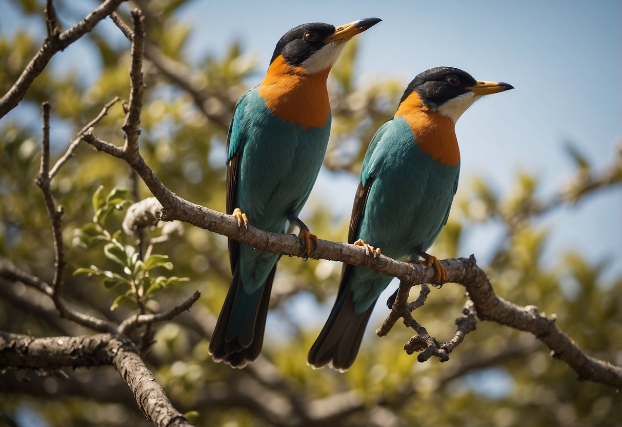 A colorful variety of birds perched on branches, flying in the sky, and foraging on the ground. Binoculars and a field guide are nearby, along with a checklist of bird species